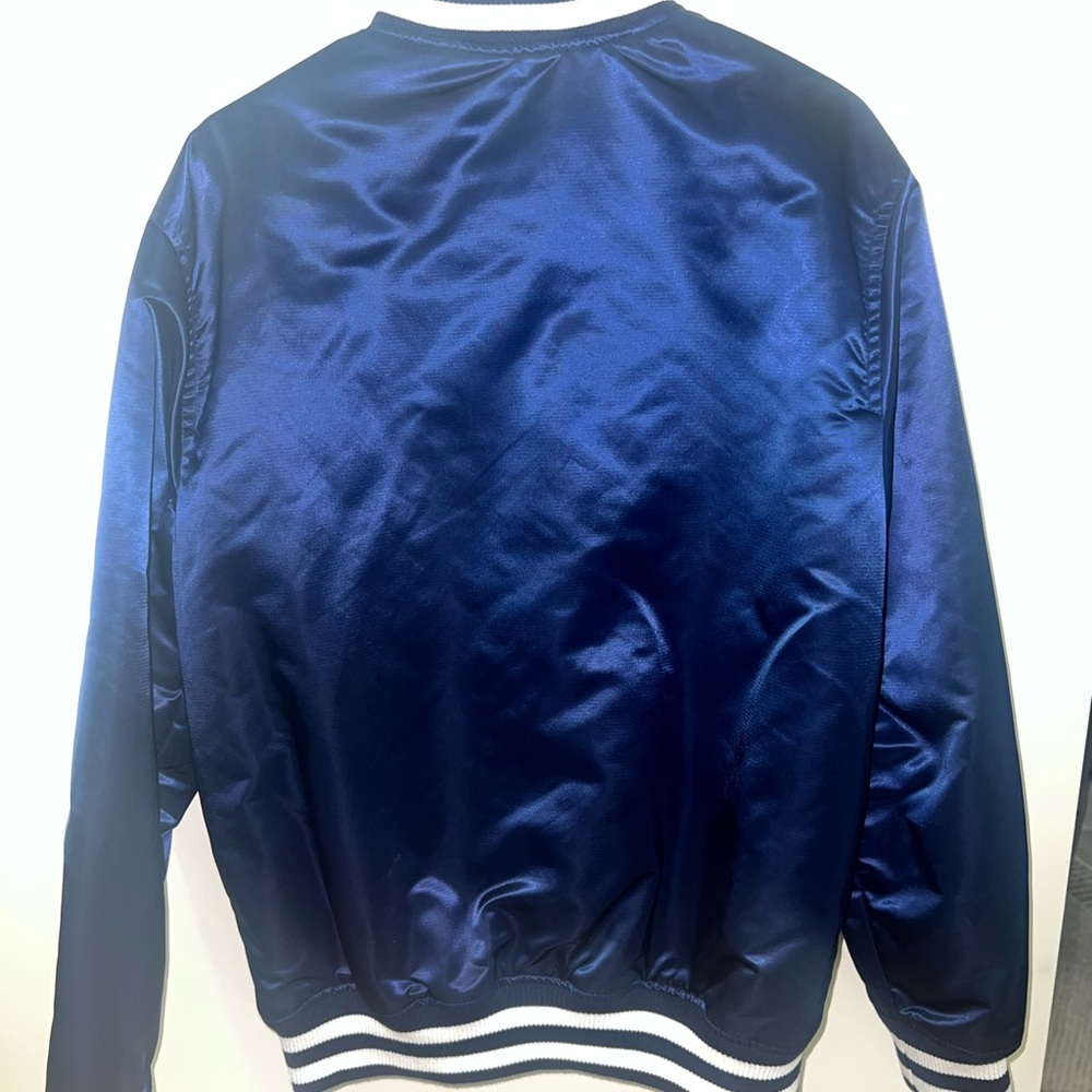 Blue Satin Varsity Jacket With Red Patch - image 3